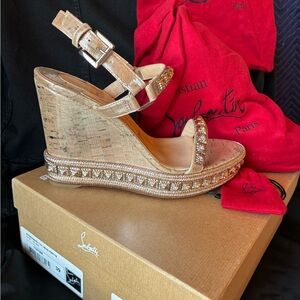Christian Louboutin Metallic Gold Cork Wedge Sandals with Crystal Trim